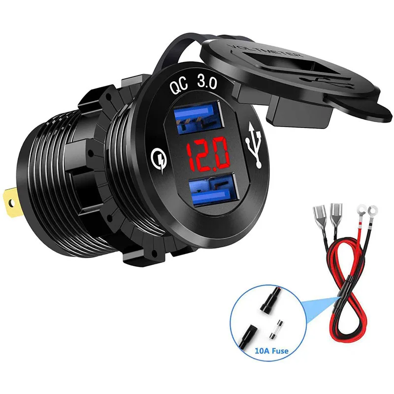 

Dual Quick Charger 3.0 USB Ports With 60cm line Waterproof and Dustproof Modified Car Charger For Car, motorcycle, yacht, RV
