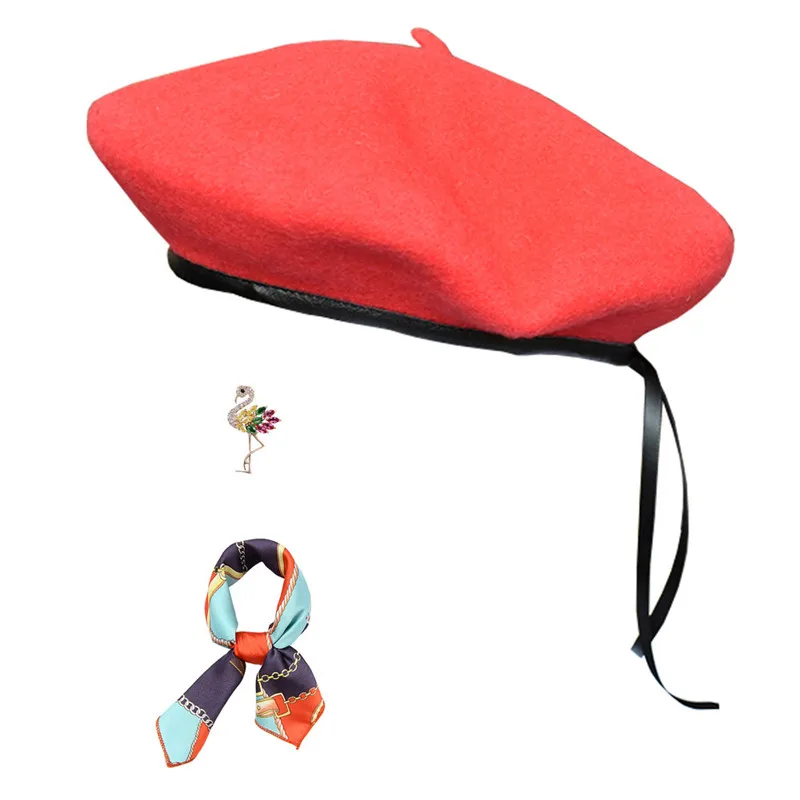 

JOYHY Women's Wool PU Leather Trimmed Army Artist French Berets Hat with Brooch Scarf Set 2020 Maiden Military Baret Beanie Cap