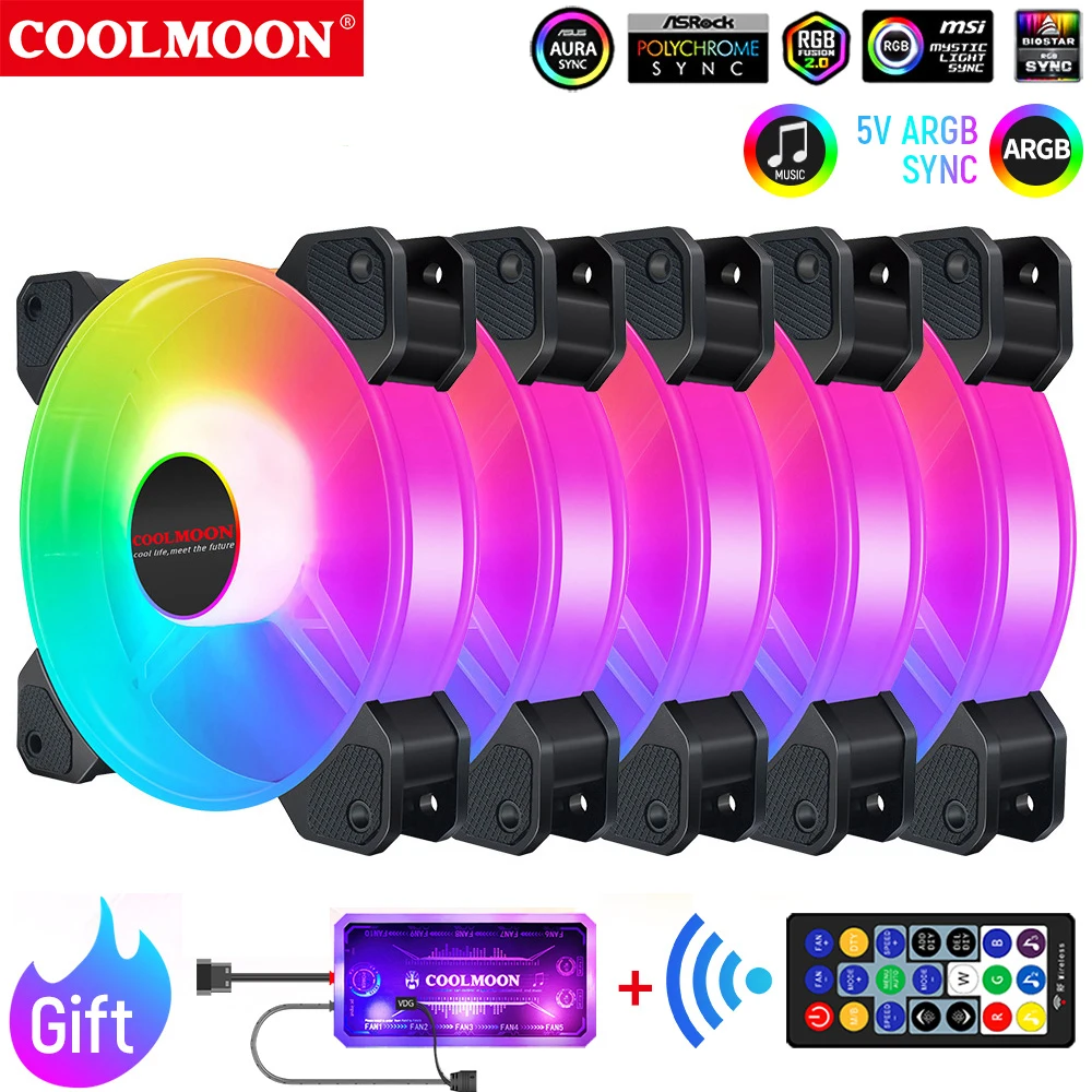 

COOLMOON Computer Case Cooling Fan Speed Adjust Mute PC CPU Cooler Gamer Cabinet Cool down ARGB With IR Remote 12cm RGB Heatsink