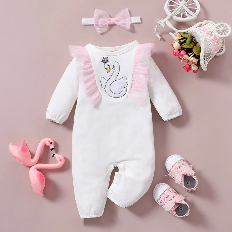 

Baywell Newborn Baby Girl Romper Spring Autumn Clothing Swan Embroidery Jumpsuit Headband Outfits Crawling Clothes