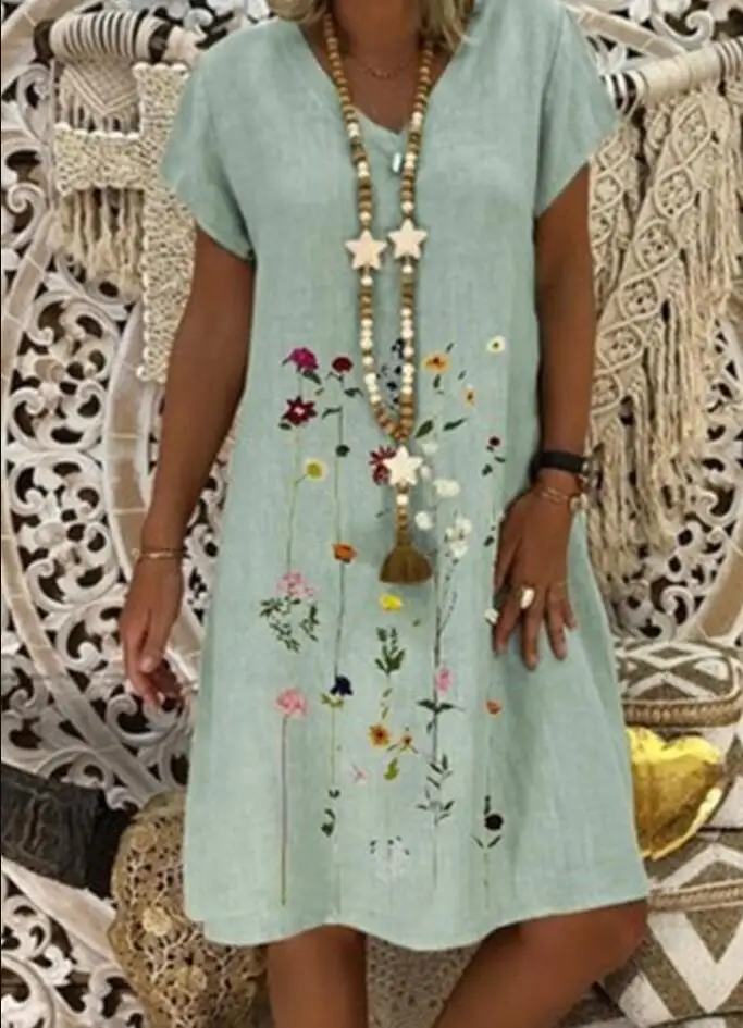 

5xl cotton and linen vintage dress Women short sleeve v neck floral embroidery mini shift dress White khaki purple