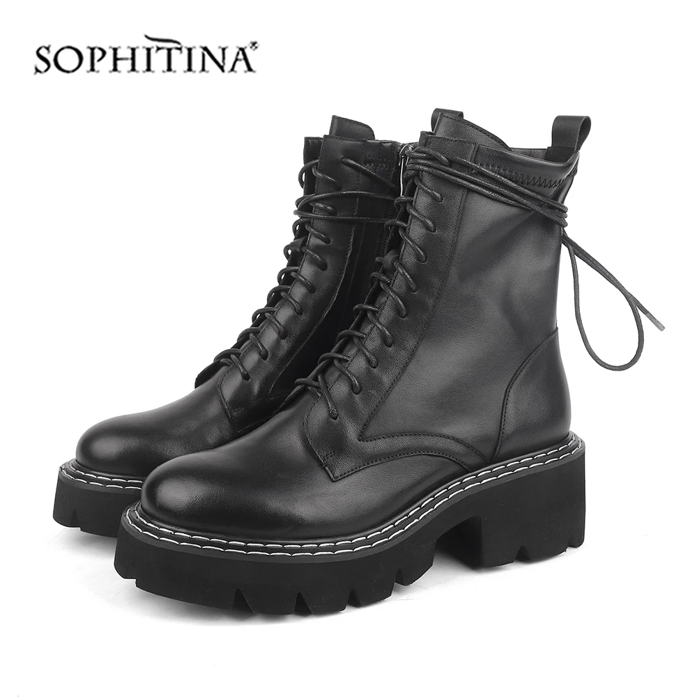 SOPHITINA/Ботинки женские martin. Модные ботинки высокого качества из натуральной кожи и стрейчевой ткани со шнуровкой. Теплая обувь в стиле локомотива. Ботильоны на легкой толстой подошве и квадратном каблуке. SC472