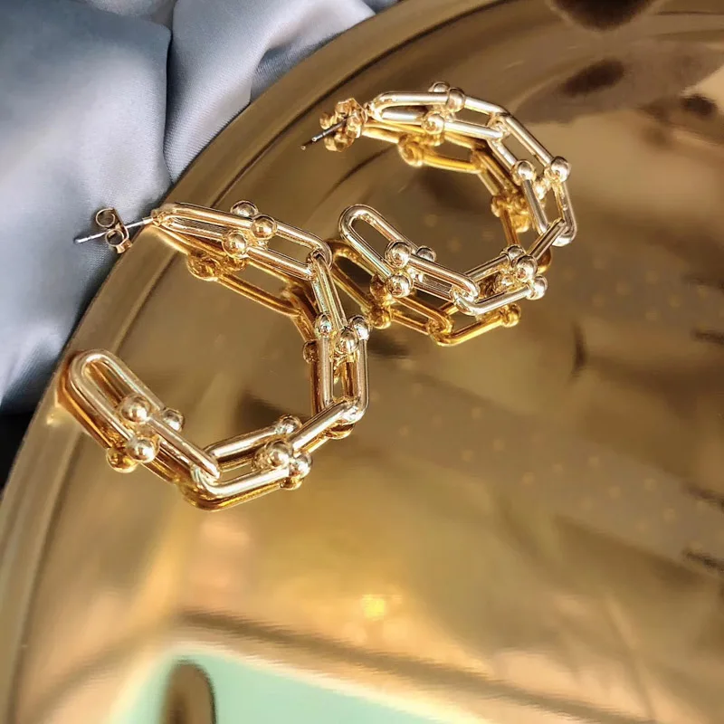 

Punk Exaggerated Chains Link C Shape Metal Earrings for Women Minimalist Geometrical Big Round Gold Sliver Color Earings