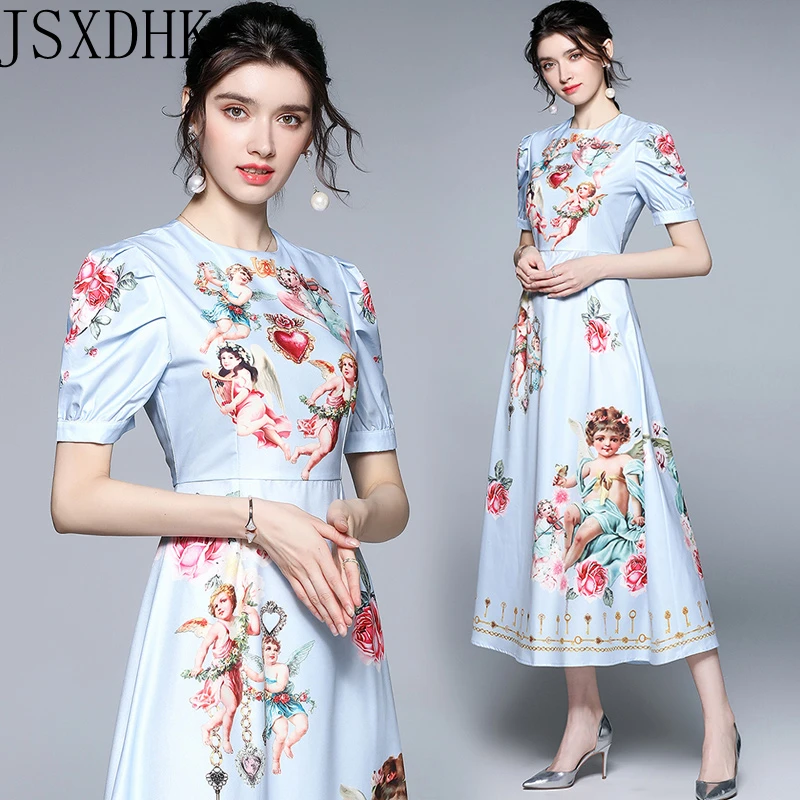 

2021 New Summer High Quality Runway Elegant Blue Dresses Women O-Neck Short sleeve Floral print Vintage Fashion Midi Short