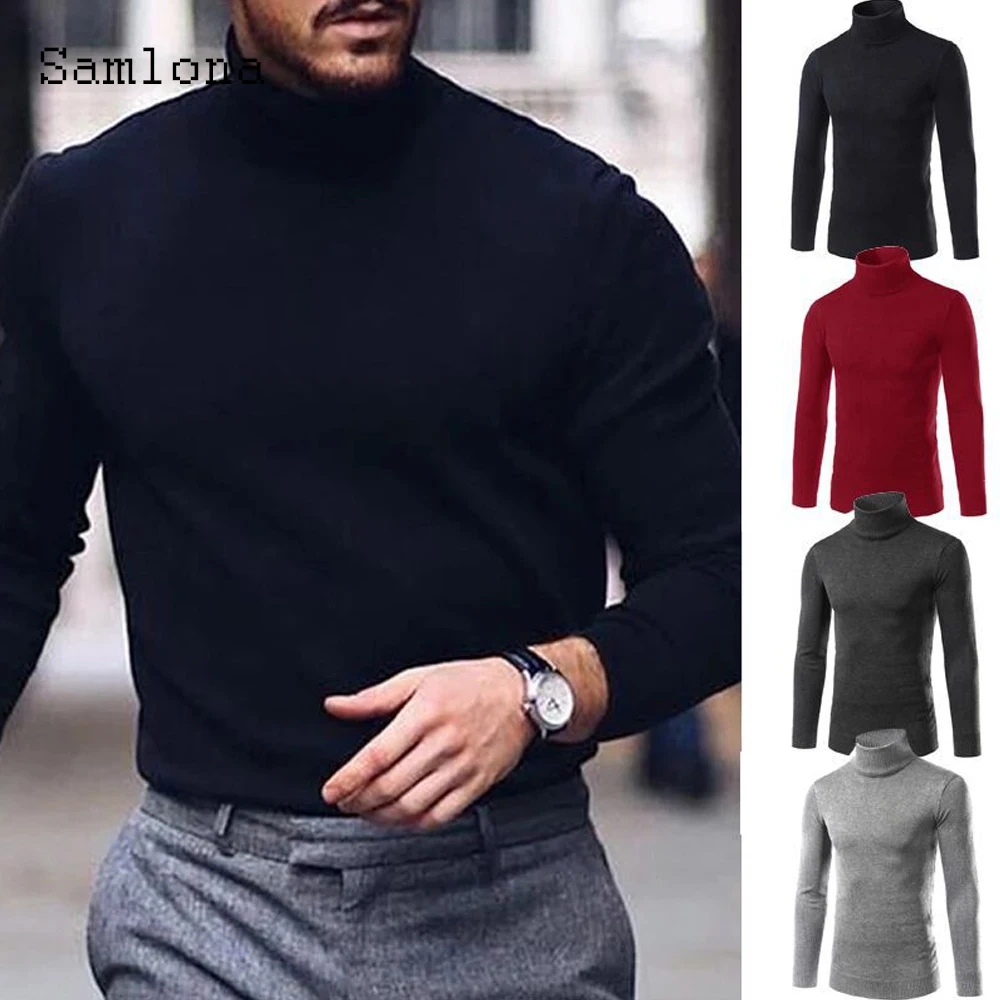 Samlona Men Knitted Sweater Autumn Winter Warm Clothes Mens Streetwear 2021 Turtleneck Top Solid Casual Pullovers Male Sweater  - buy with discount