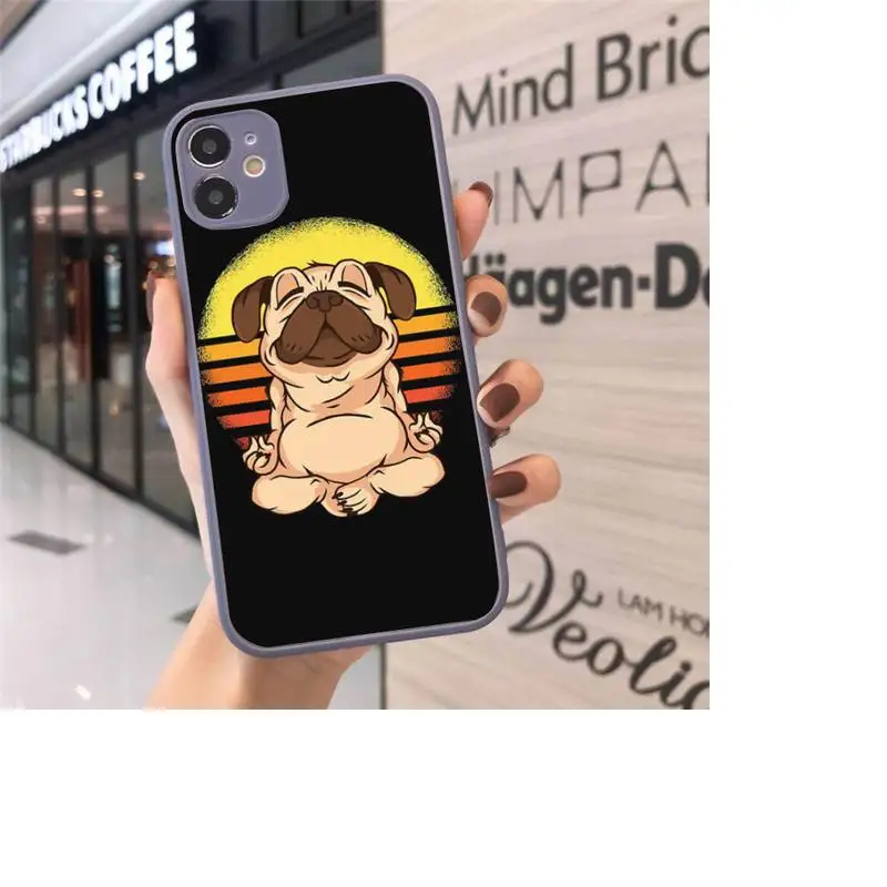 

Cute Cartoon Pug Animal Yoga Phone Case For iPhone 12 11 Mini Pro XR XS Max 7 8 Plus X Matte transparent Gray Back Cover