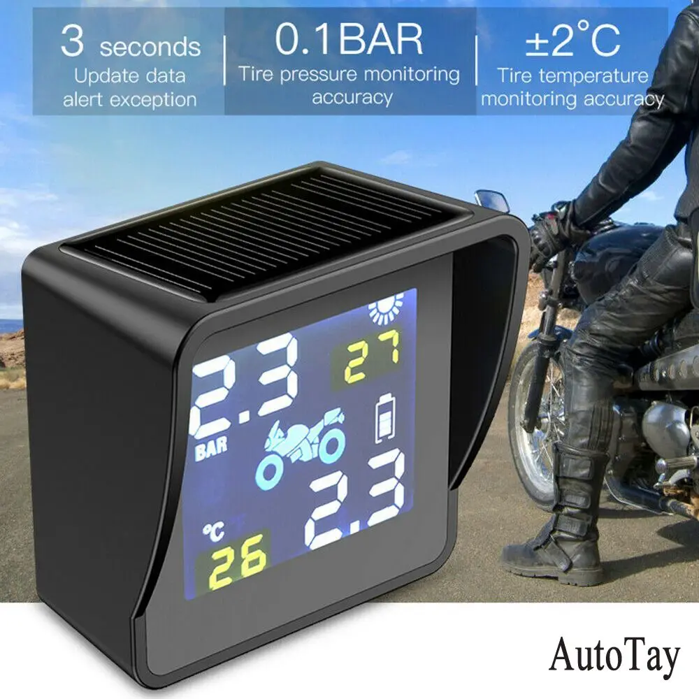

Solar Charging Motorcycle TPMS Motor Tire Pressure Tyre Temperature Monitoring Alarm System With 2 External Sensors