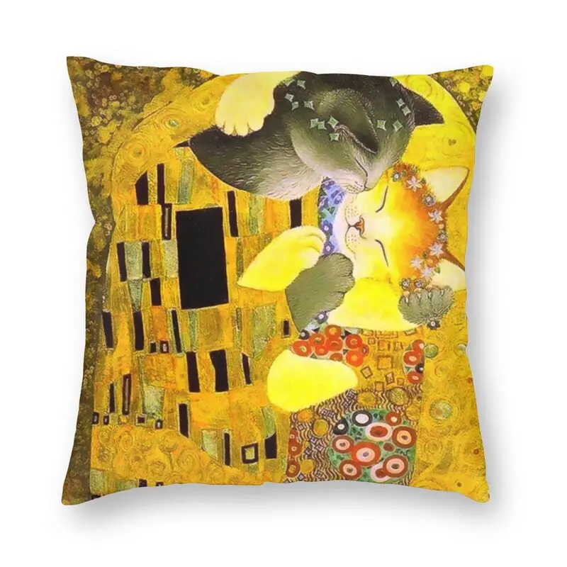 

Pet Cat The Kiss Square Pillowcover Home Decor Gustav Klimt Cushions Throw Pillow for Sofa Double-sided Printing