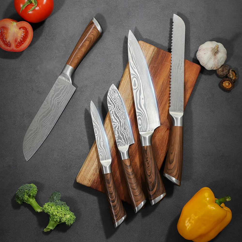 

IGOODS 8 inch Handmade Damascus Drawing Kitchen Knife Set Bread Utility Santoku Chef Knives Meat Cleaver Slicing Cooking Tools