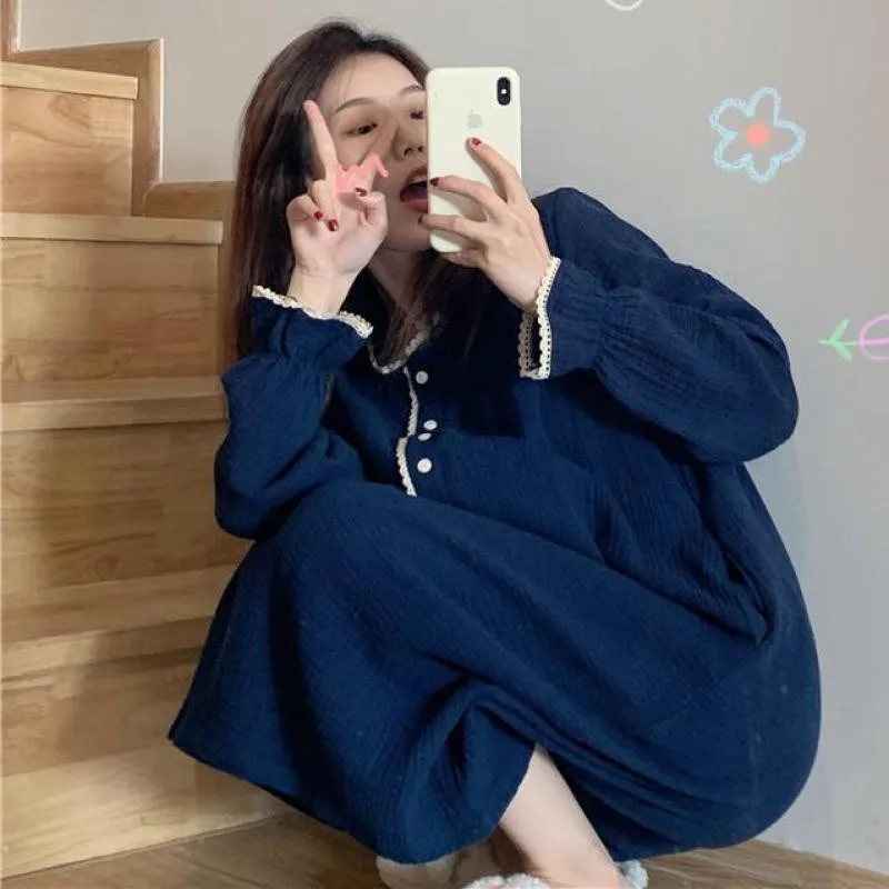 

Cotton Female Nightgown Sleep Dress Sexy Ruffles Home Wear Sleepwear Blue Lantern Sleeve Long Nightwear Nightdress Bathrobe Gown