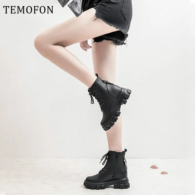 Женские ботинки из натуральной кожи на платформе в готическом стиле|Зимние