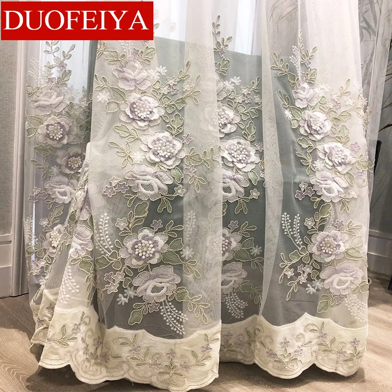 

New European-style Curtains for Living Dining Room Bedroom Fresh and Elegant Velvet Embroidered Tulle Net Red Burst Screens