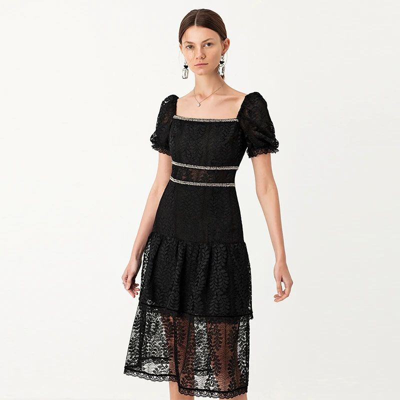 YIGELILA New Arrival Women Vintage Black Dress Solid Square Collar Backless Dress Empire Mid-length Lace Beading Dress 65527