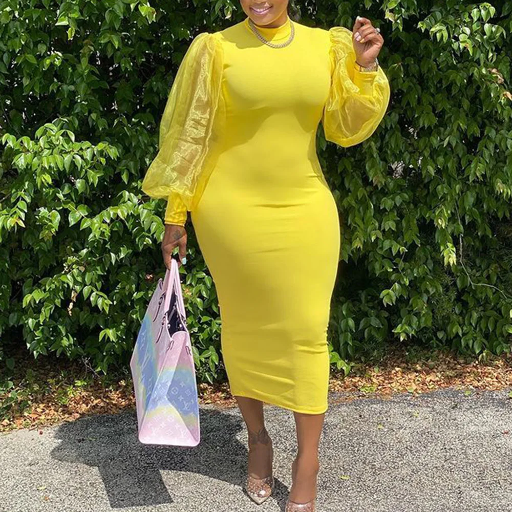 

5XL Plus Size Fashion Sexy Bodycon Dress Women Mesh Lantern Sleeve Designer Vintage Elegant Yellow Midi Dresses Oversize 2021