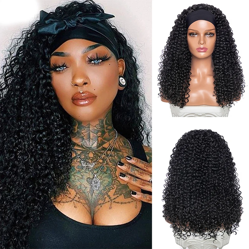 

YINGRUN Synthetic Long Wavy Headband Wig for Black Women None Replacement Body Wave Headwraps Hair Wig New Fashion