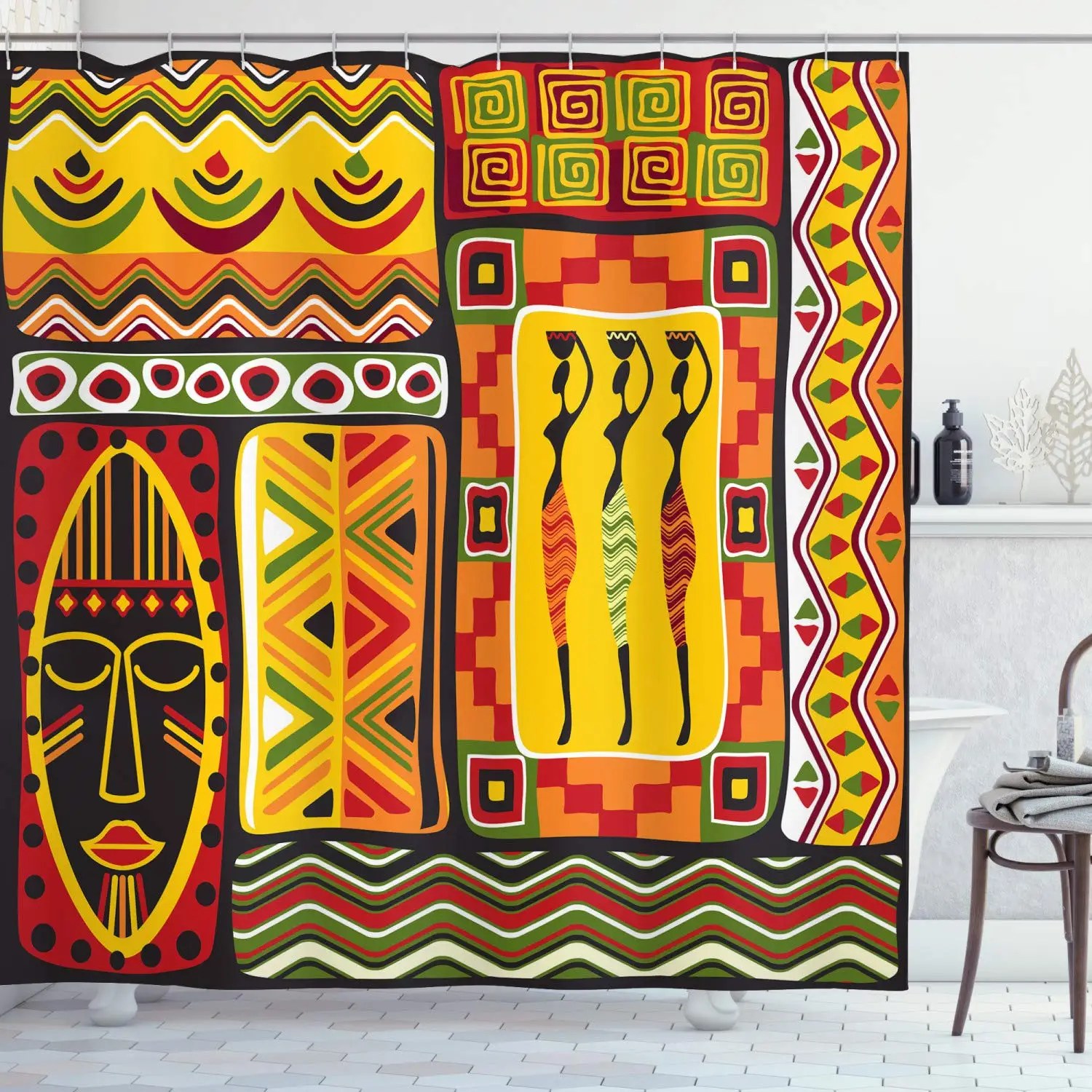 

African Shower Curtain Historical Elements Original Striped And Rectangle Shapes Polyester Fabric Bathroom Decor Set With Hooks