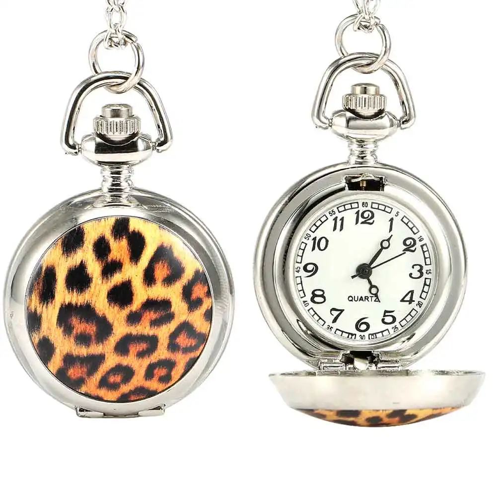 

Retro Clock Fashion Men Women Quartz Pocket Watch Alloy Openable Leopard Pattern Sweater Chain Necklace Pendant Clock Gifts