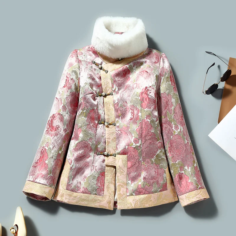 

H.RONG.X 2022 CNY Spring New Cheongsam Coat Fashion Chinese Style Elegant Qipao Jacket Pink Retro Traditional Winter Chipao Tops