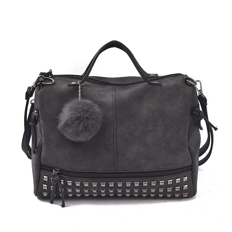 

Girl Vintage Leather Top-handle Bags Messenger Bag Rivet Large Capacity Bags Hair Ball Shoulder Bag Nubuck Totes bolso mujeer