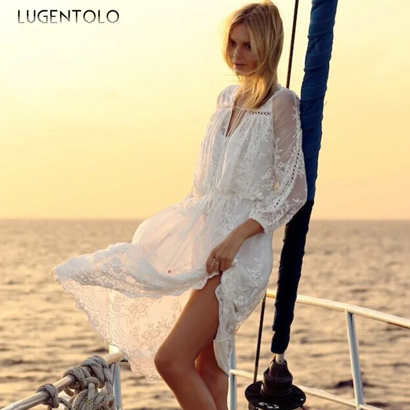 

Lugentolo Sexy Beach Dress Women Wrist Sleeve V-neck Lace White Dresses Ladies Loose Casual Fashion Midi Dress