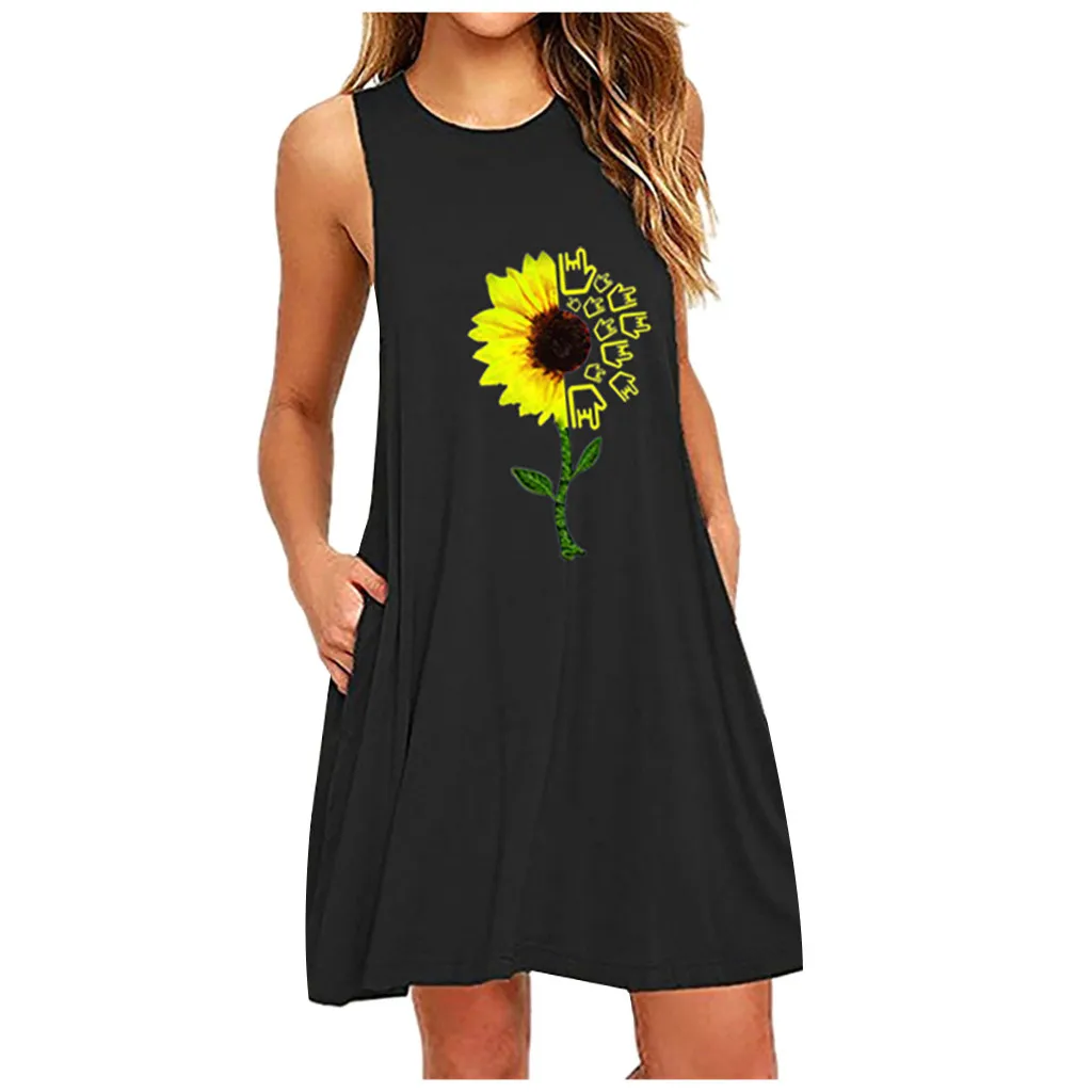 

Fashion Women Dress Summer Sleeveless O-Neck Sunflower Printing Loose Dress With Pocket Ladies Casual Plus Size Dress#35