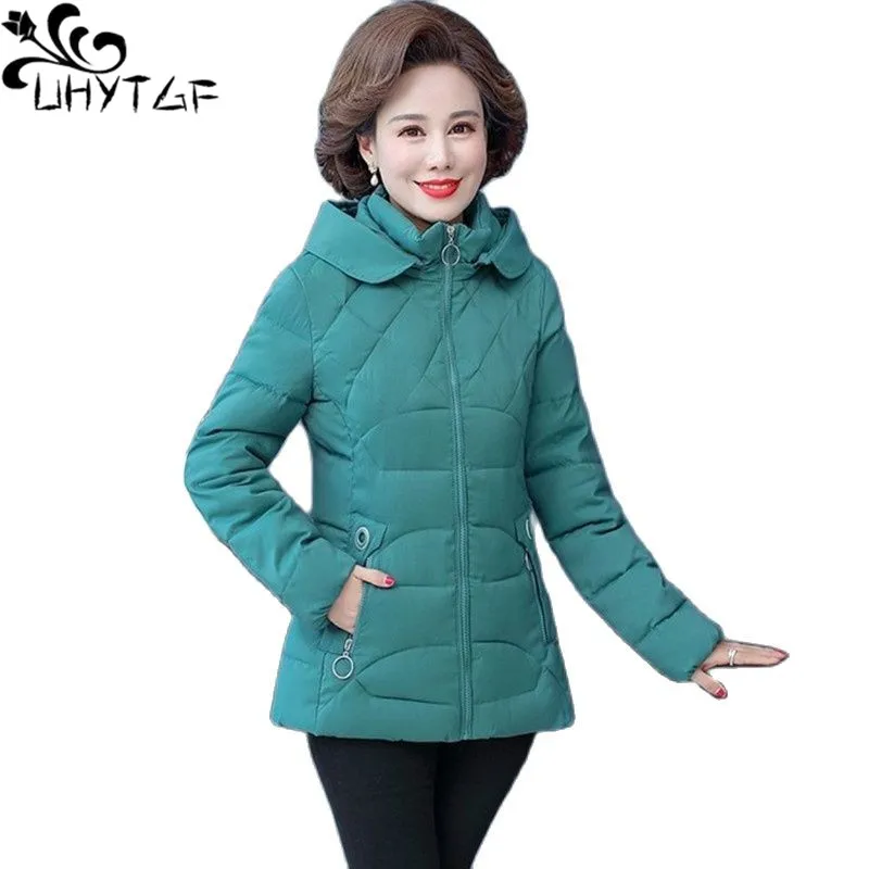

UHYTGF Middle-Aged Mom Parker Outerwear Hooded Thick Down Cotton Autumn Winter Jacket Casual Warm Women 5XL Large Size Coat 1610