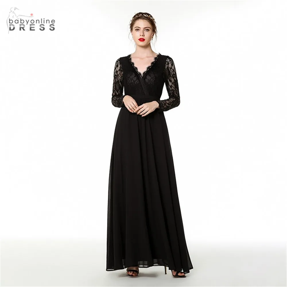 Женское длинное вечернее платье черное кружевное ТРАПЕЦИЕВИДНОЕ ПЛАТЬЕ С V