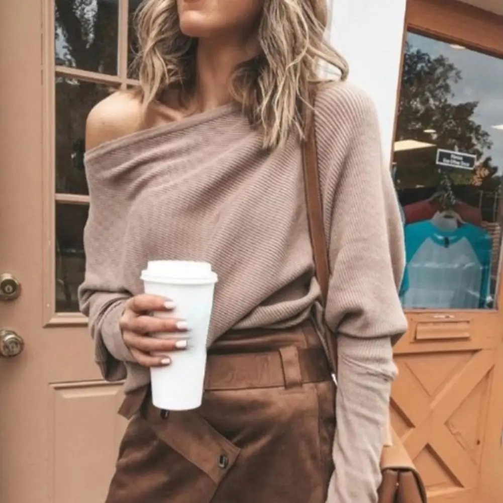 

Women Off Shoulder Raglan Sleeve Sweater Long Sleeve Knitted Pullover All Match One Shoulder Skin-friendly Top for Daily Wear