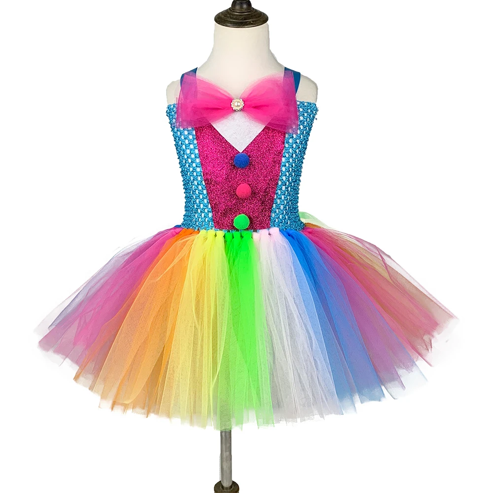 Девочек костюм клоуна Пышные юбки-пачки радужной расцветки нарядное платье для