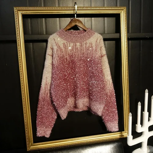 

Shiny Silk Knitwear Women's Pullovers Ins Style Loose Gradient Color All-Matching Thickened Sweater Lady Kitwear Top Loose