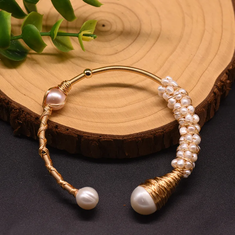 

Natural Freshwater Baroque Pearl Bangle for Women Handmade Bracelet Wedding Party Gifts Original Fashion Jewelry Girls Jewellery