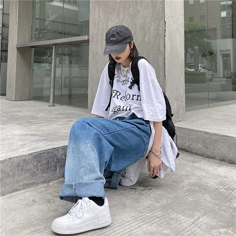 

Harajpoo Women Jeans Spring Autumn 2021 New Hong Kong Style Personality Gradient Straight Chic Loose Fashion Casual Pants Tide