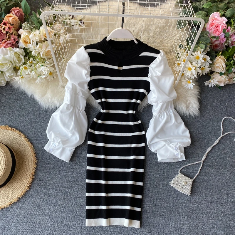 OCEANLOVE 2020 Striped Bodycon Party Dress Korean Sexy Knitted Patchwork Vestidos Spring Autumn Puff Sleeve Dresses Slim 13679 | Женская