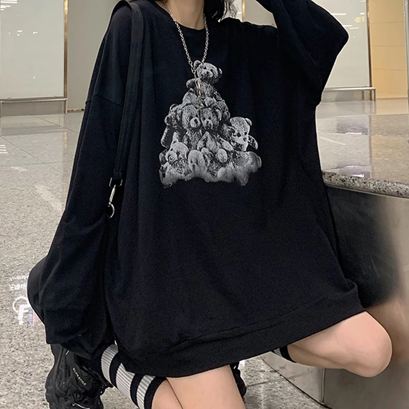 

Модная брендовая Толстовка в стиле ретро с изображением медведя, женский свободный топ в Корейском стиле, Тонкий Топ оверсайз в стиле Харад...