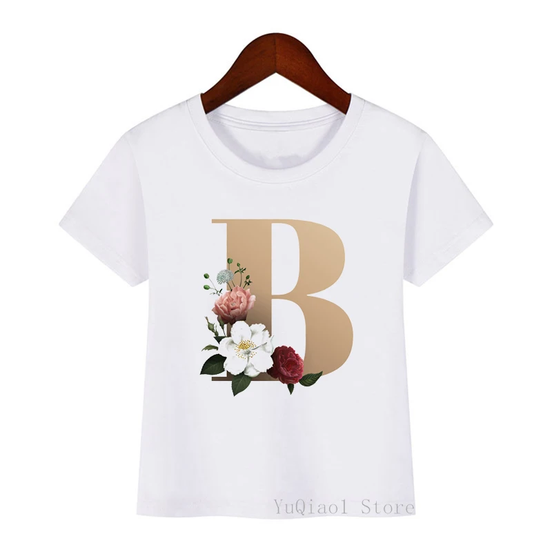 

Children's Harajuku O-Neck Short Sleeve Tops Tee A B C D English Alphabet Flowers Print T shirt Girls Casual Korean style Tshirt
