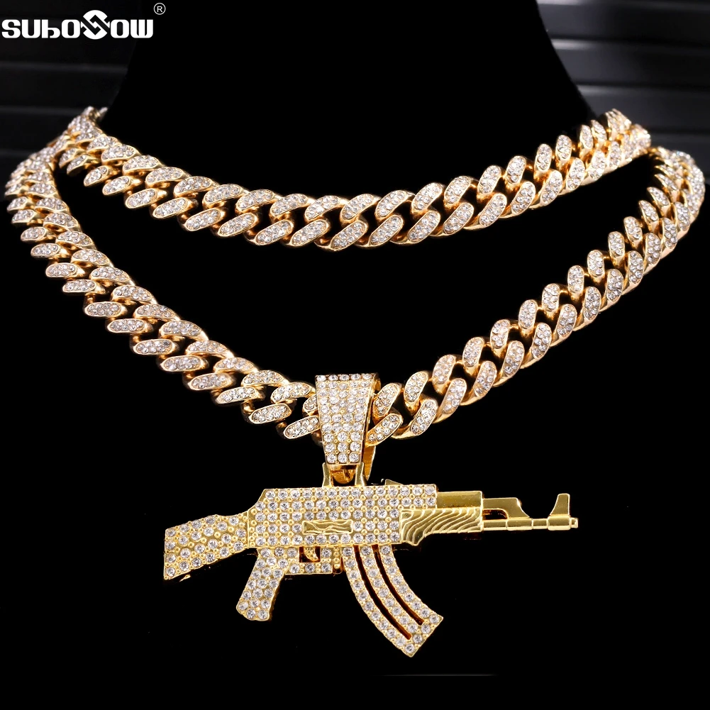 

Men Women AK47 Submachine Gun Cuba Chain Pendant Necklace Iced Out Crystal Gold Silver Colour Cuban Necklaces Hip Hop Jewelry