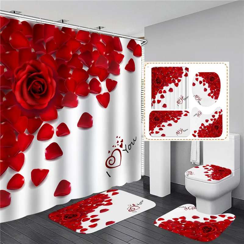 love heart valentines day shower curtains bathroom rugs sets red rose flowers home hotel decor toilet lid mat floor door carpet free global shipping