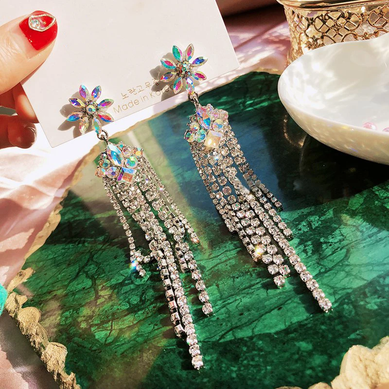 MENGJIQIAO Korean New Luxury Flower Crystal Drop Earrings For Women Elegant Rhinestone Tassel Long Pendientes Party Jewelry | Украшения и