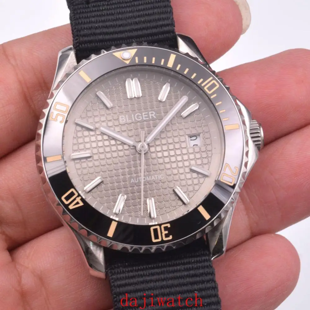 

Bliger 41 mm automatic mechanical men's watch luxury brand sapphire glass luminous waterproof calendar watch men's black nylon s