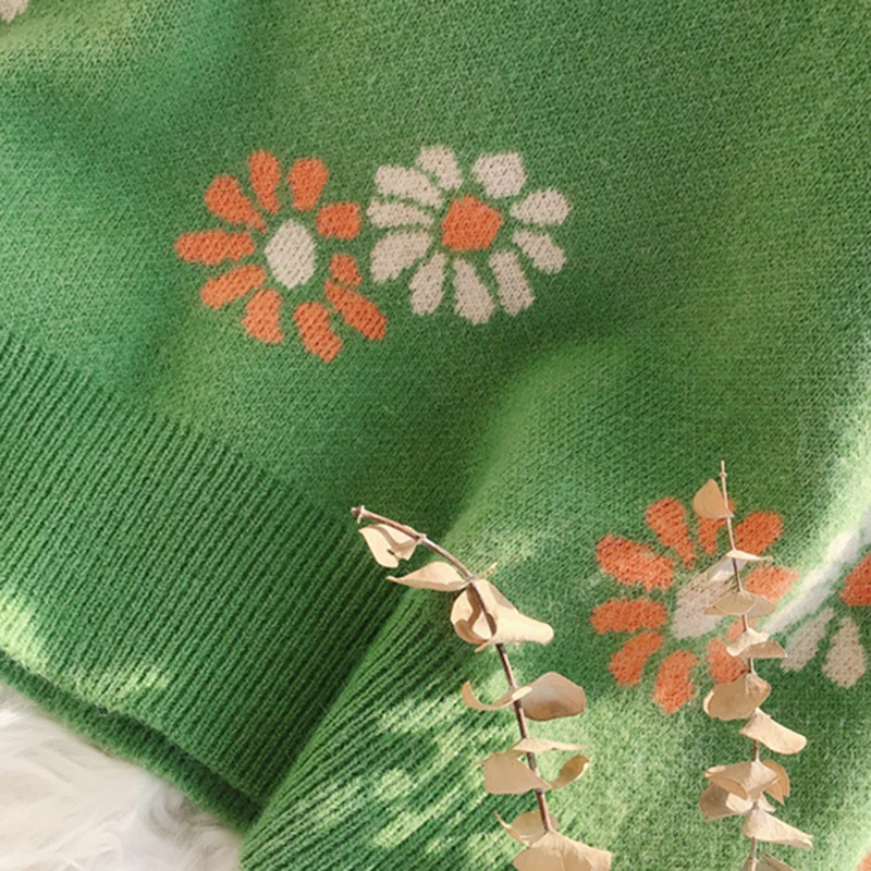 

Autumn Loose Knit Women's Sweater Pullover 2021 Floral Print O Neck Female Jumpers Sweater Coat Soft Streetwear Knitwear Tops