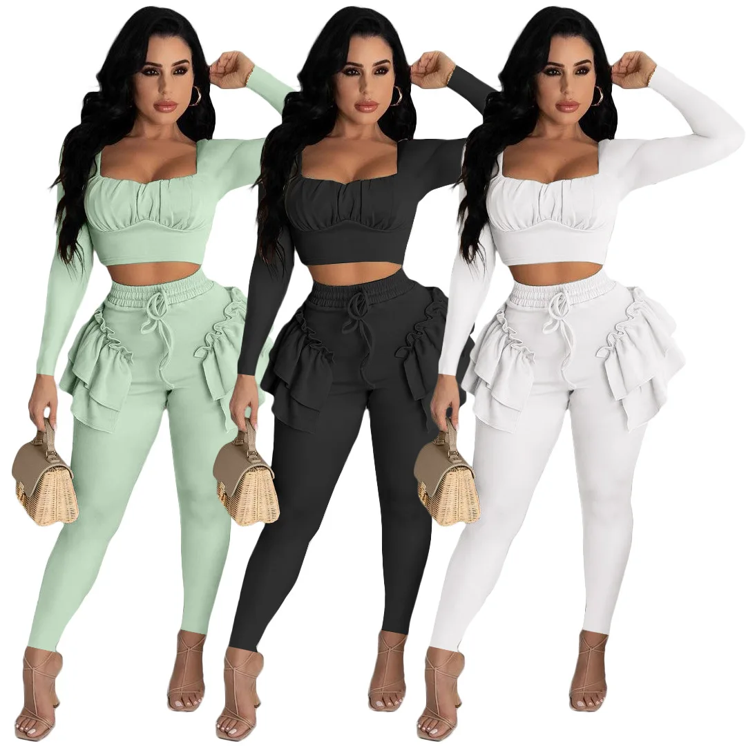 

Green Ruffle Two Piece Pants Set for Ladies Long Sleeve Crop Top and Pencil Pants Sets 2 Piece Outfits Autumn Set Women's Suit