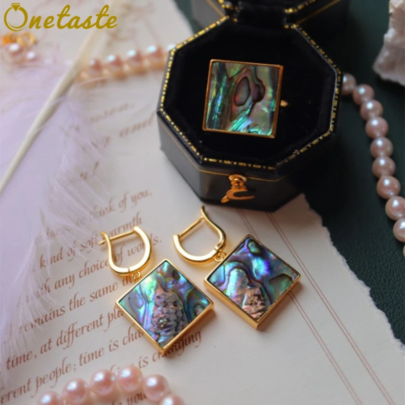 

S925 Silver Gold Plated Natural Abalone Shell Square Jewelry Sets Ring Earrings Women Minimalist Geometric Trendy Party Gift