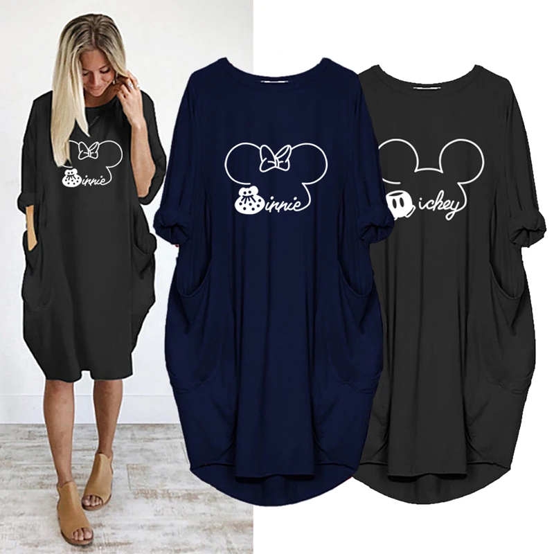

Disney Autumn Fashion Dresses Minnie Mickey Simple Print Vintage Pockets Casual Beach Midi Dress Robes Femme Women Clothes