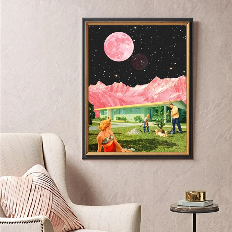 

Vintage Surrealism Art Painting Pink Moon Nature Landscape Poster Psychedelic Wall Art Canvas Prints Family Picture Home Decor