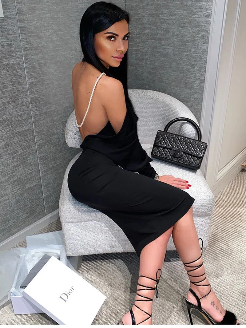 

European and American Pearl Hanging Neck Backless Strapless Bag Hip Dress 2020 New Women's Dress