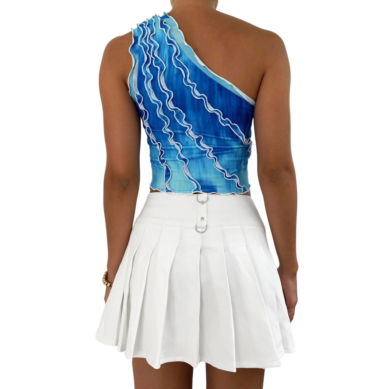 

Women Sexy One-Shoulder Vest Fashion Printed/Solid Ruffles Exposed Navel Tops Girls Summer Sleeveless Ruched Tanks 2021 New