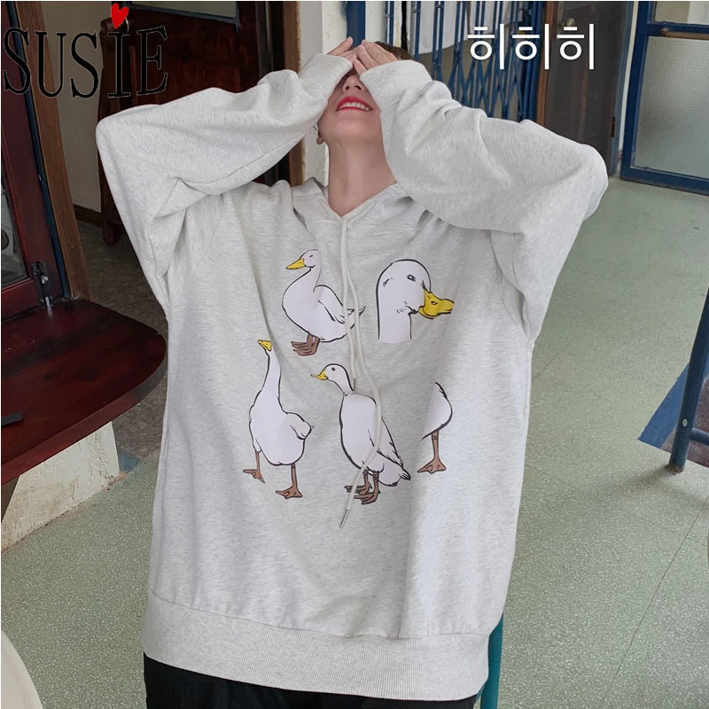 Новинка 2019 Женская толстовка с капюшоном милым принтом утки и Финни модная