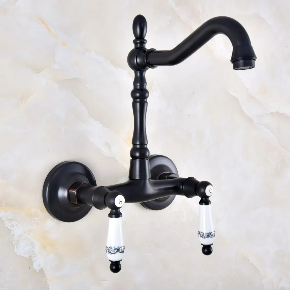 

Black Oil Rubbed Bronze Bathroom Kitchen Sink Faucet Mixer Tap Swivel Spout Wall Mounted Double Handles mnf832