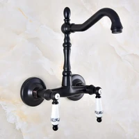 black oil rubbed bronze bathroom kitchen sink faucet mixer tap swivel spout wall mounted double handles mnf832