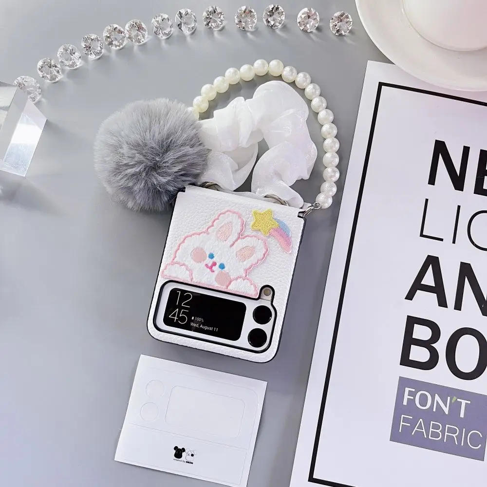 

Чехол для samsung Galaxy Z flip3, милый чехол с подвеской в виде медведя, кролика, под ключ, с жемчугом